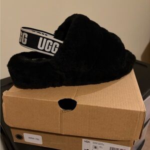 UGG Black Fluffy Slides with Logo Strap